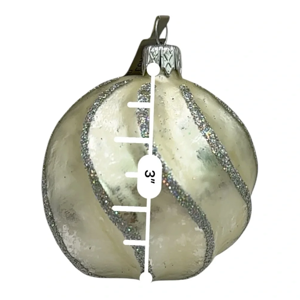 Vintage Hand Blown Glass Cream Glitter Swirl Round Ornaments NWT Set Of 5